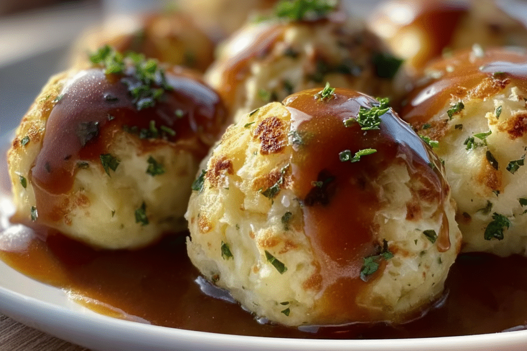 Savory Mashed Potato Balls with Gravy