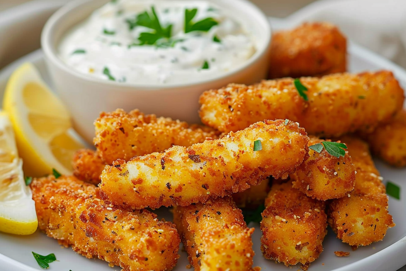 Crispy Fish Sticks with Lemon Garlic Dip