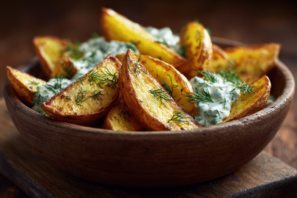Crispy Potato Wedges with Creamy Cucumber Dill Salad