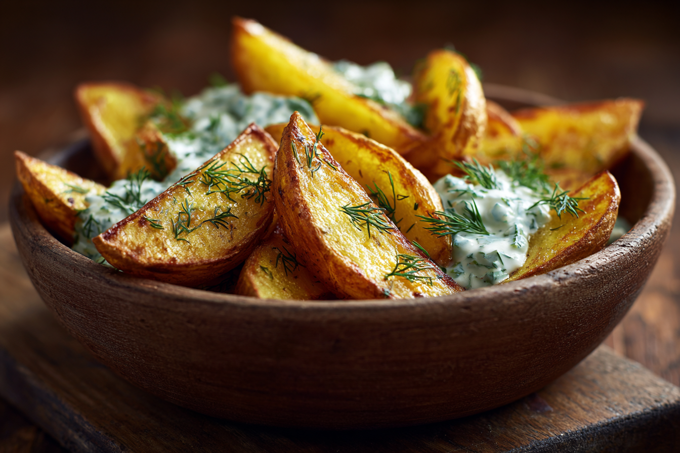 Crispy Potato Wedges with Creamy Cucumber Dill Salad