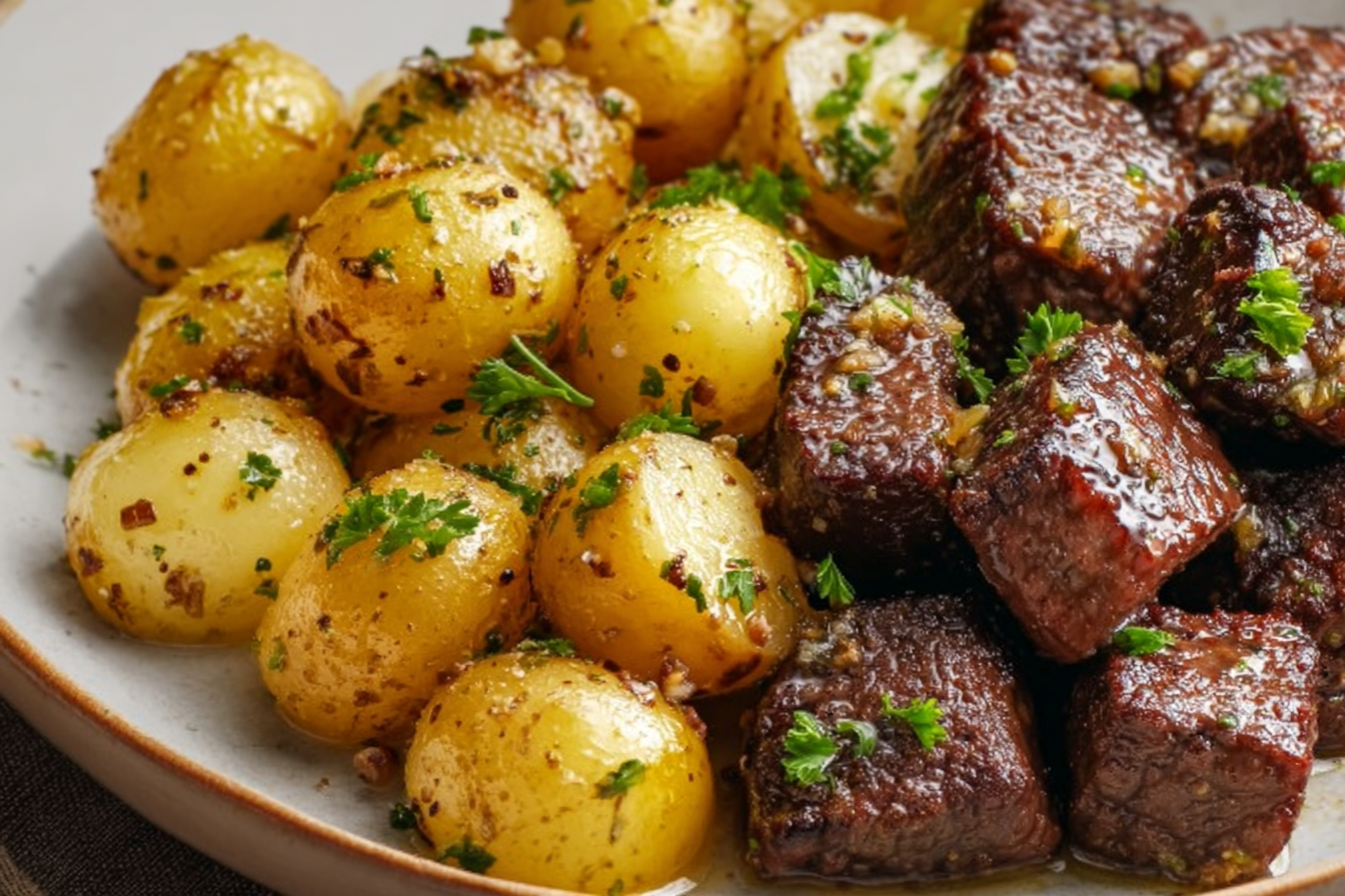 Garlic Butter Steak Bites with Roasted Baby Potatoes