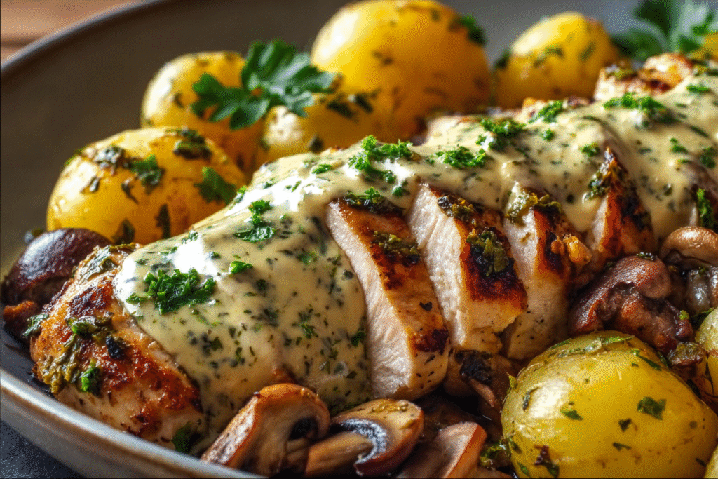 Garlic Herb Chicken with Creamy Potatoes & Mushrooms