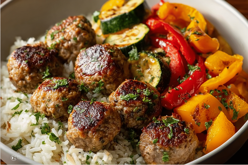 Garlic Herb Meatball Rice Bowl