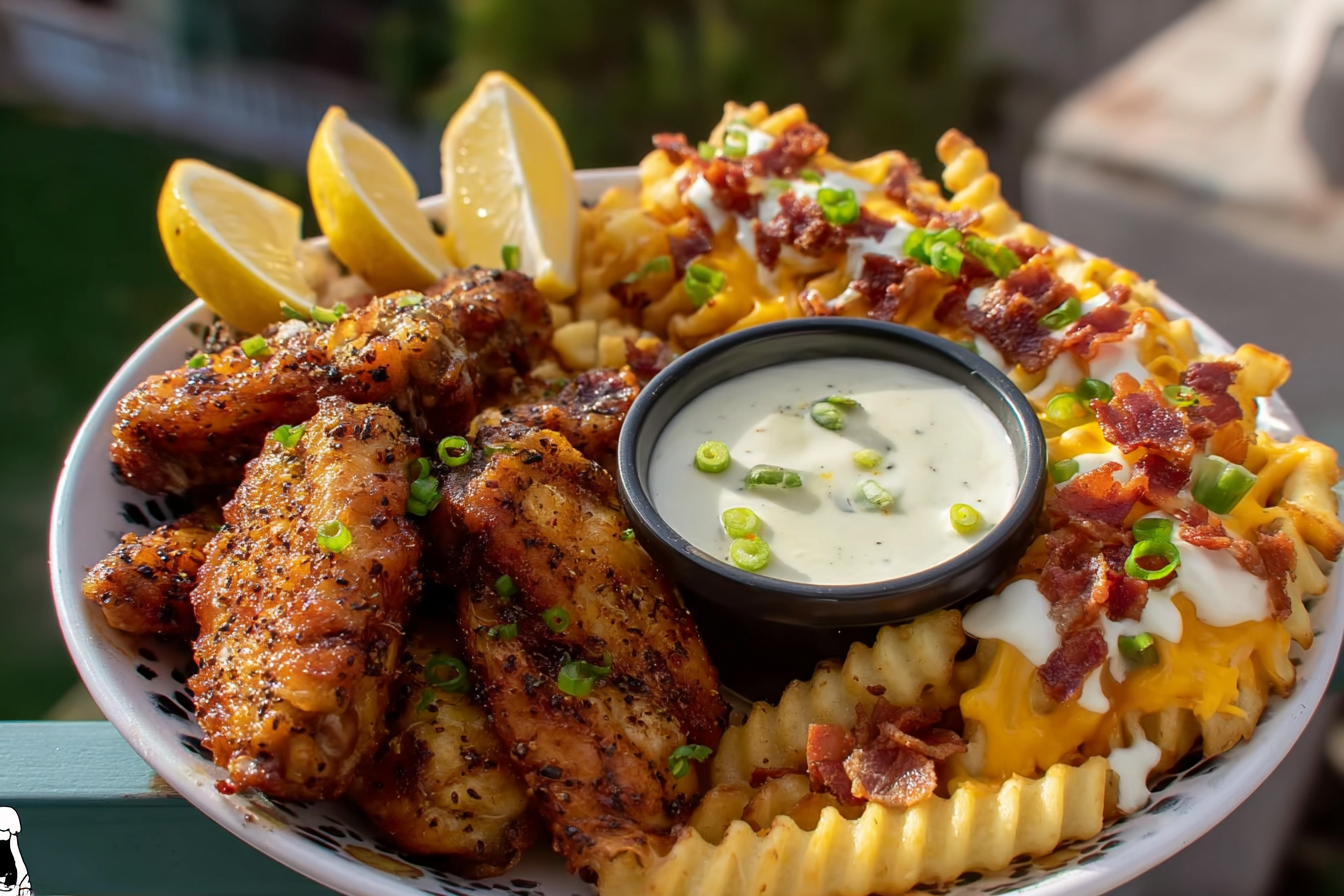 Lemon Pepper Wings with Loaded Cheese Fries