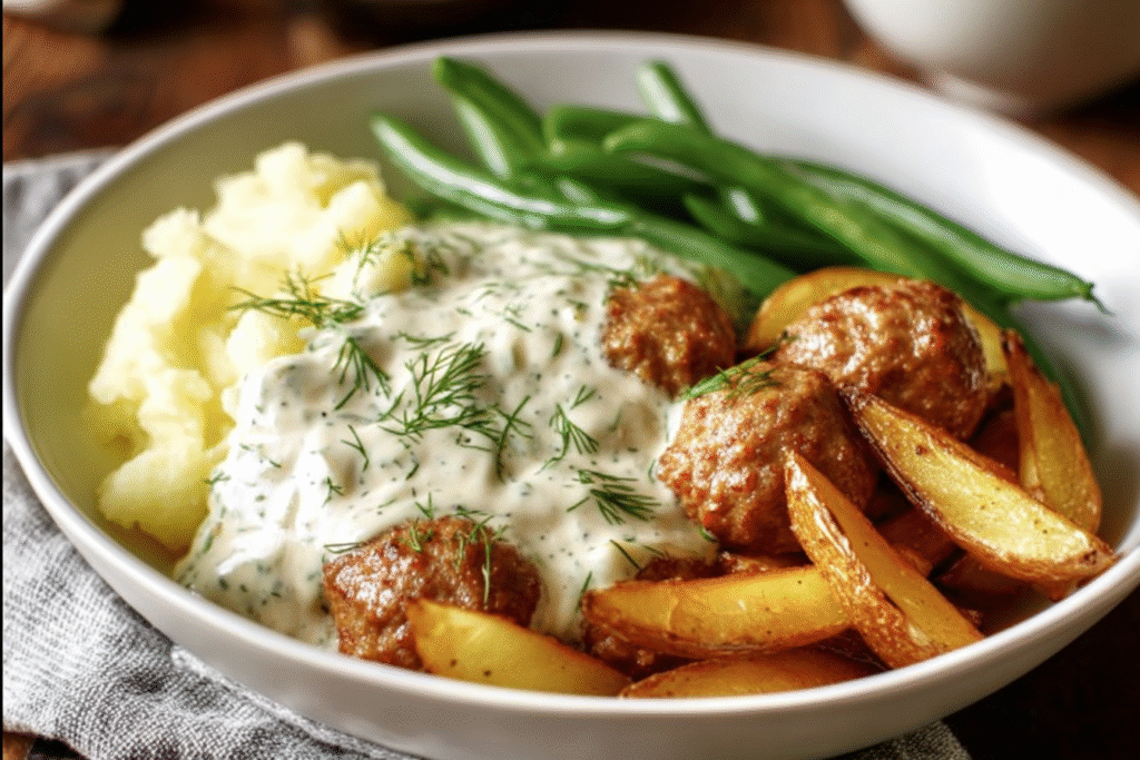 Swedish Meatballs with Mashed Potatoes and Green Beans
