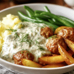 Swedish Meatballs with Mashed Potatoes and Green Beans